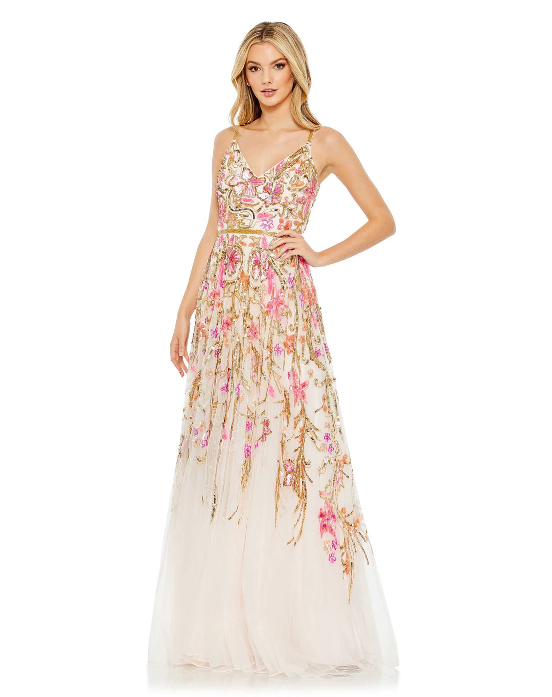 V Neck Floral Embellished Spaghetti Strap Gown | Mac Duggal
