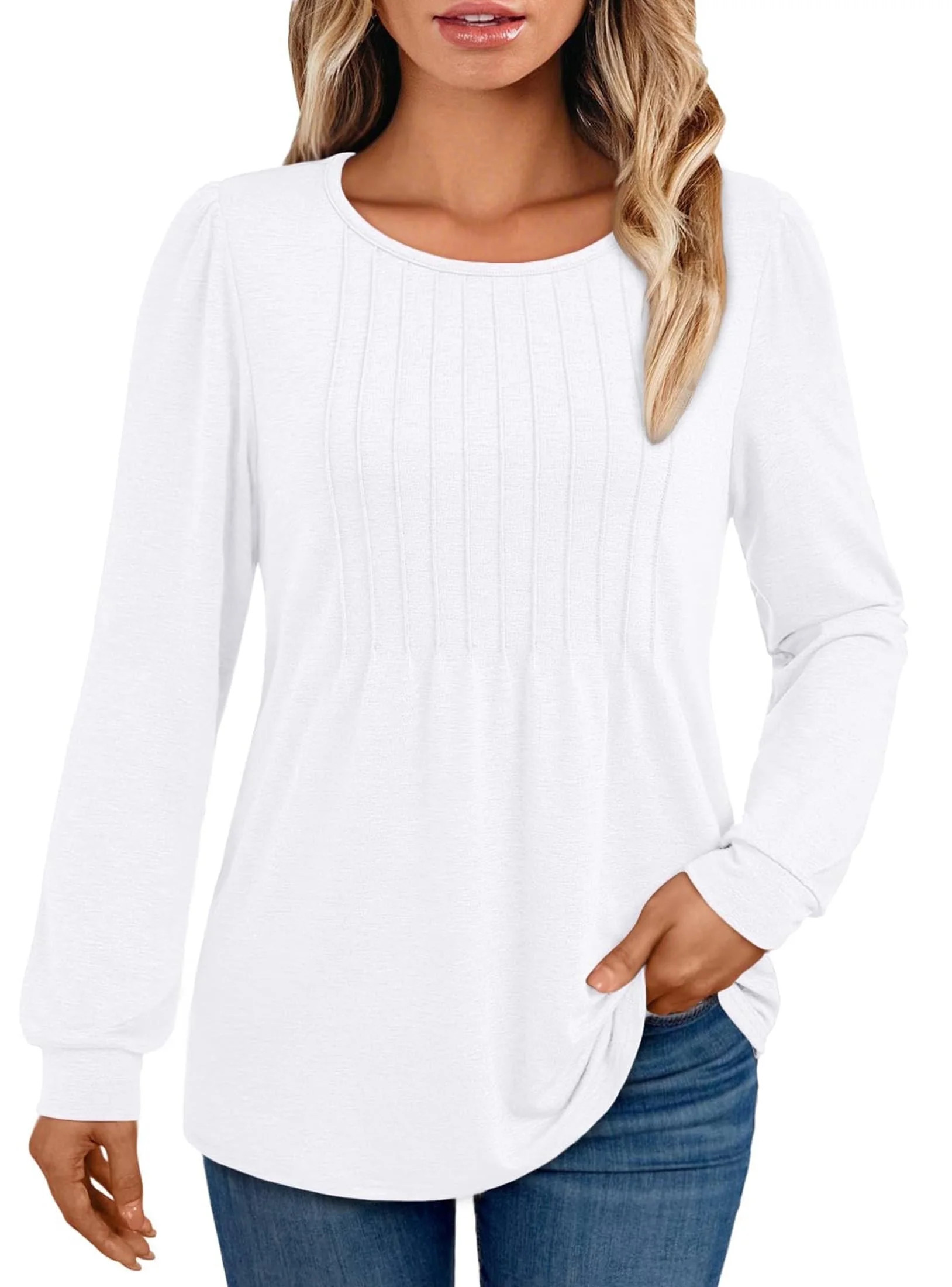 SUNBS Long Sleeve Shirts for Women Business Casual Dressy Tops Crewneck Pleated Blouses Trendy Cl... | Walmart (US)