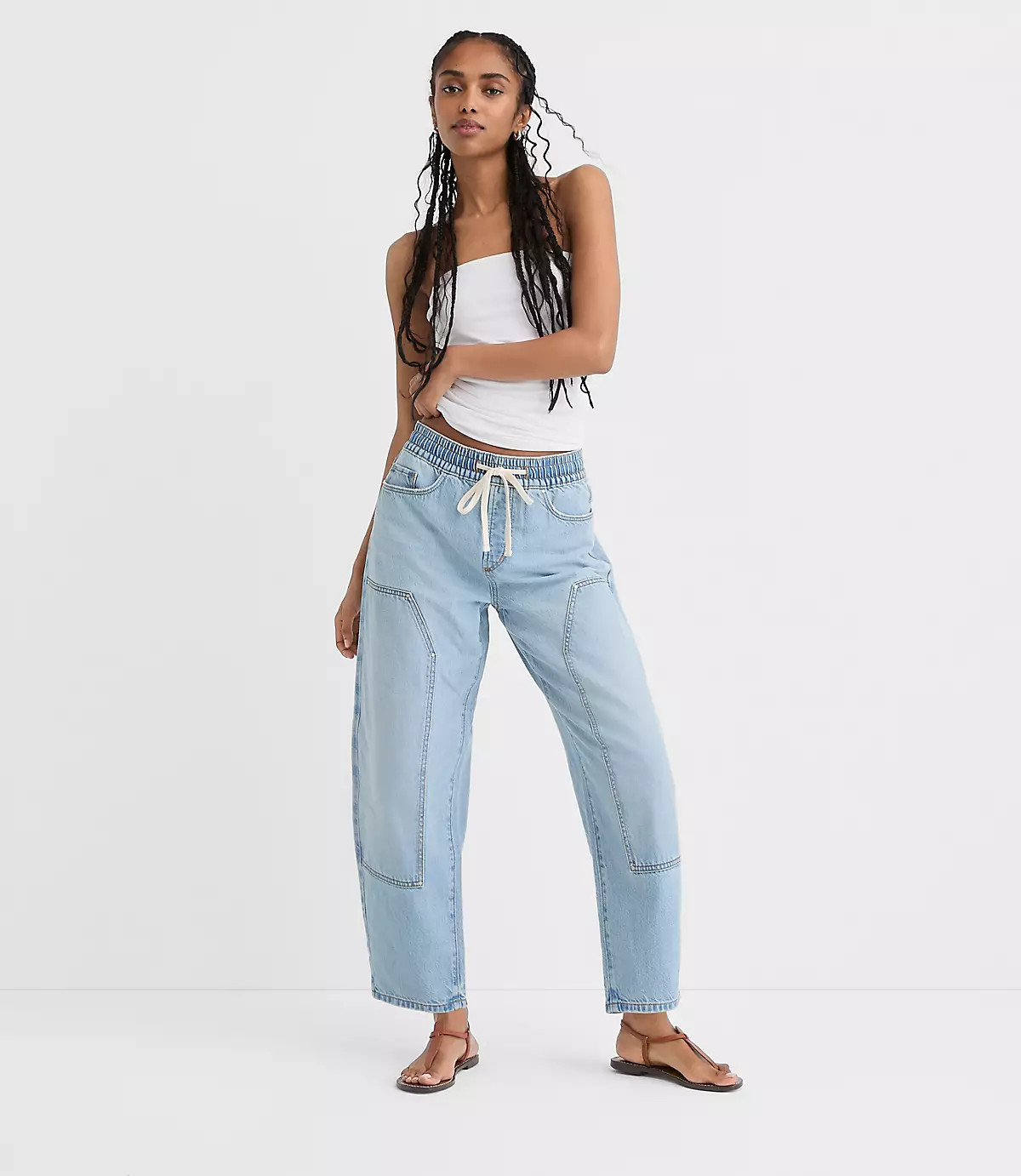 Rivete Tall Utility High Rise Barrel Jeans in Light Wash Indigo | LOFT