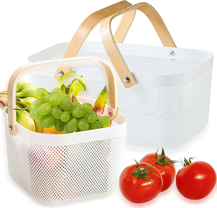 2 Pack Plastic Mesh Garden Harvest Basket, Plastic Picnic Baskets with Foldable Wooden Handle, Re... | Amazon (US)