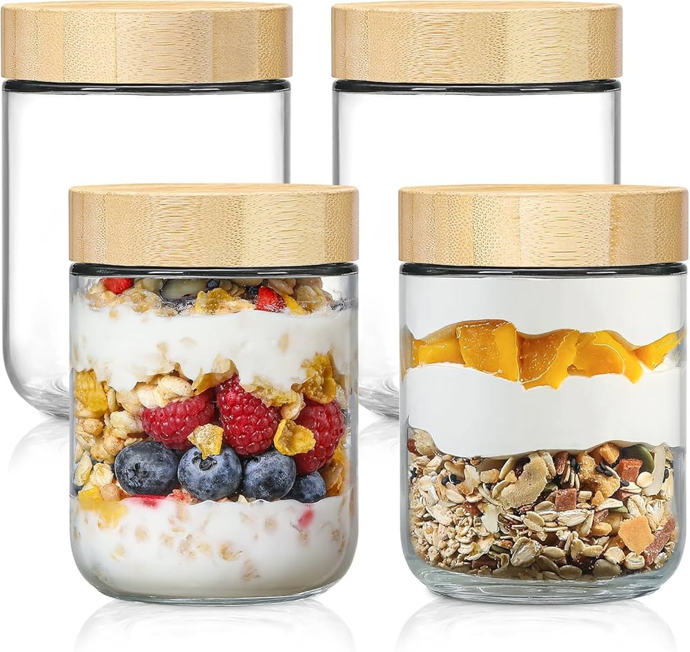NETANY 4-pack 16oz Glass jars with Airtight Lids, Overnight Oats Containers with Bamboo Lids, Wid... | Amazon (US)