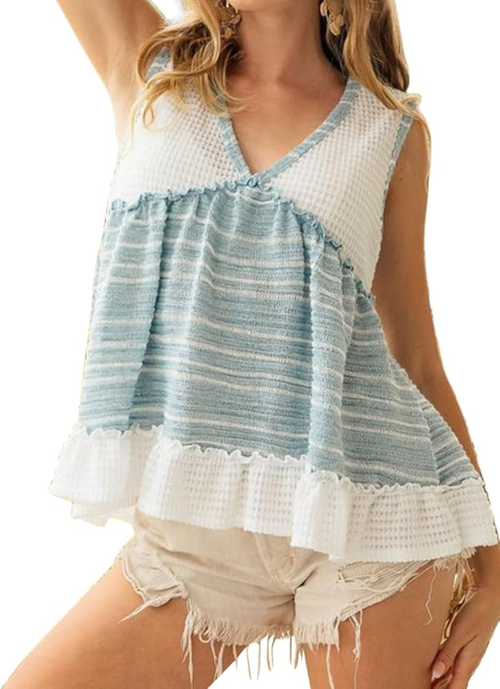 Womens 2026 Summer Sleeveless Babydoll Top V Neck Ruffle Waffle Knit Crop Boho Tank Tops | Amazon (US)