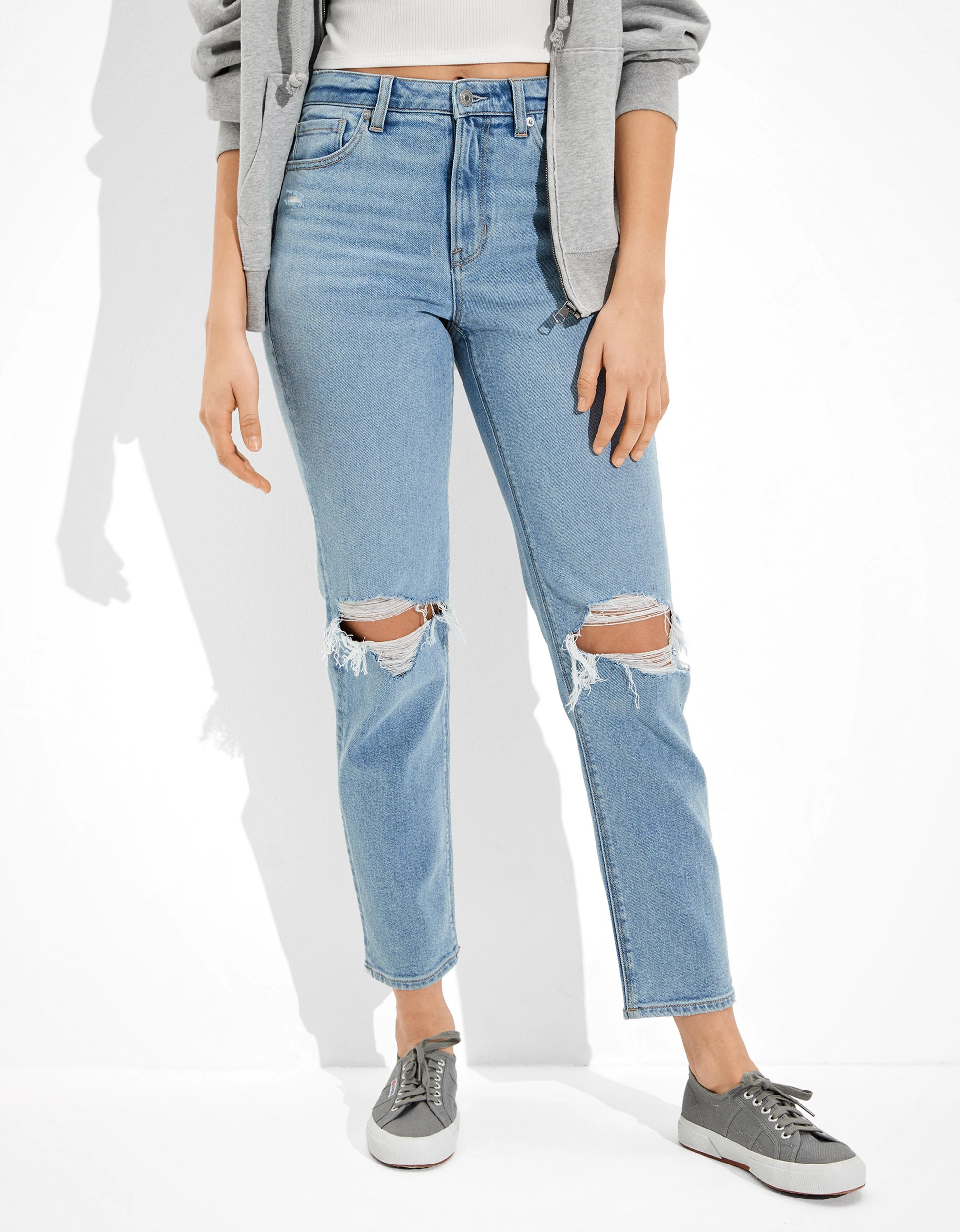 AE Stretch Ripped Mom Straight Jean | American Eagle Outfitters (US & CA)