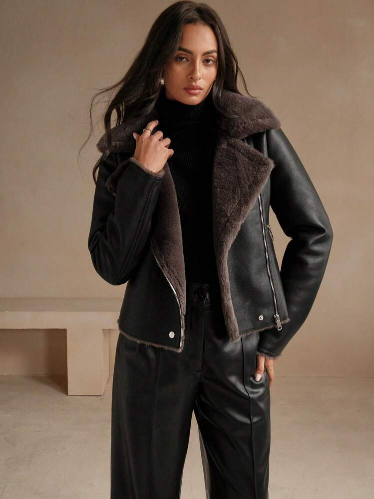 Anewsta Women's Black PU Leather Composite Faux Rabbit Fur Collar Jacket | SHEIN
