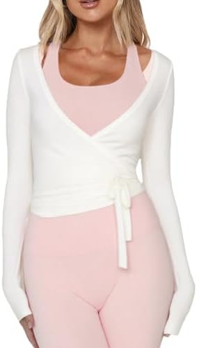 Women Ballet Wrap Top Long Sleeve Self Tie Dance Shirt Pilates Yoga Tops Y2k Workout Active Blous... | Amazon (US)
