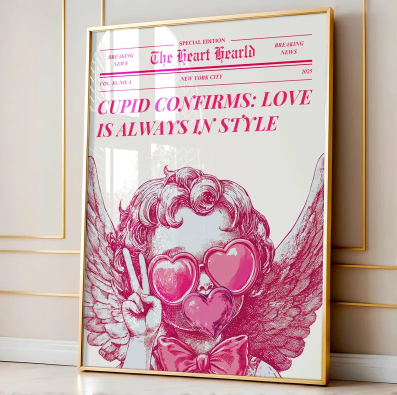 Trendy Newspaper Art Print, Cupid Wall Art, Newspaper Art Decor, Valentines Day, Pink Heart Cupid... | Etsy (US)