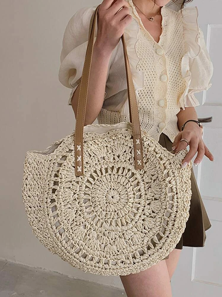 Yogodlns Hollow Out Summer Round Bags For Women Rattan Shoulder Bag Girls Handmade Woven Handbags Female Large,Summer,Perfect For Vacation,Holiday,School Bag,Large Capacity,Portable,Classic Casual,For Teen Girls Women College Students,White-Collar Workers,Perfect For Work,Back To School,Middle School,High School,College,Vacation,Straw Purse,Straw Beach Bag,Beach Necessities,Beach Essentials,Beach Stuff & Summer Essentials, Best Women Bag For Beach Vibes, Wicker Bag | SHEIN