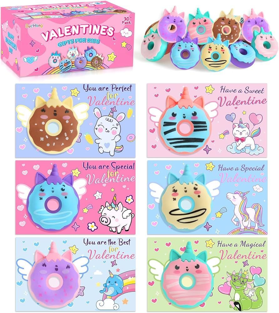 30 Pack Valentines Day Cards for Kids Classroom, Unicorn Donut Erasers with Greeting Cards, Valen... | Amazon (US)