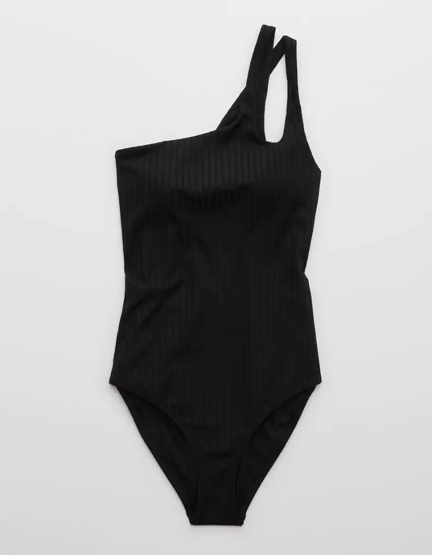 Aerie Ribbed Shine Asymmetrical One Piece Swimsuit | American Eagle Outfitters (US & CA)