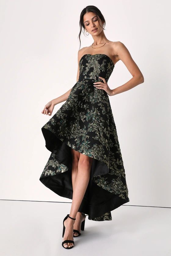 All Romance Green Floral Jacquard Strapless High-Low Dress | Lulus (US)
