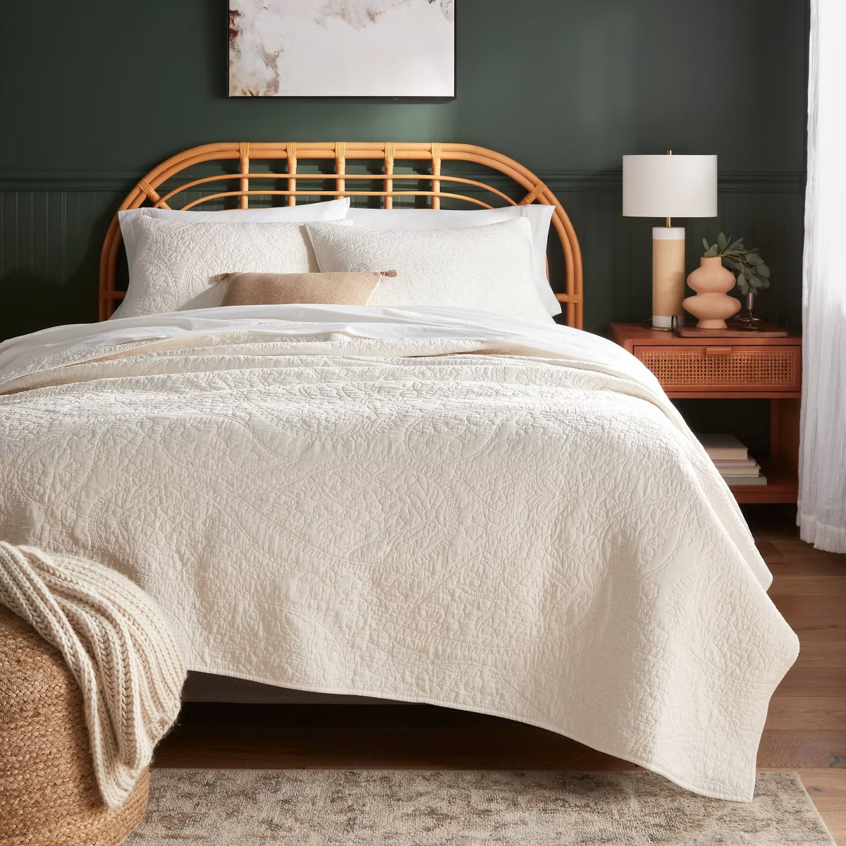 Full/Queen Garment Washed Paisley Stitch Quilt Ivory - Threshold™: OEKO-TEX Certified, Microfib... | Target