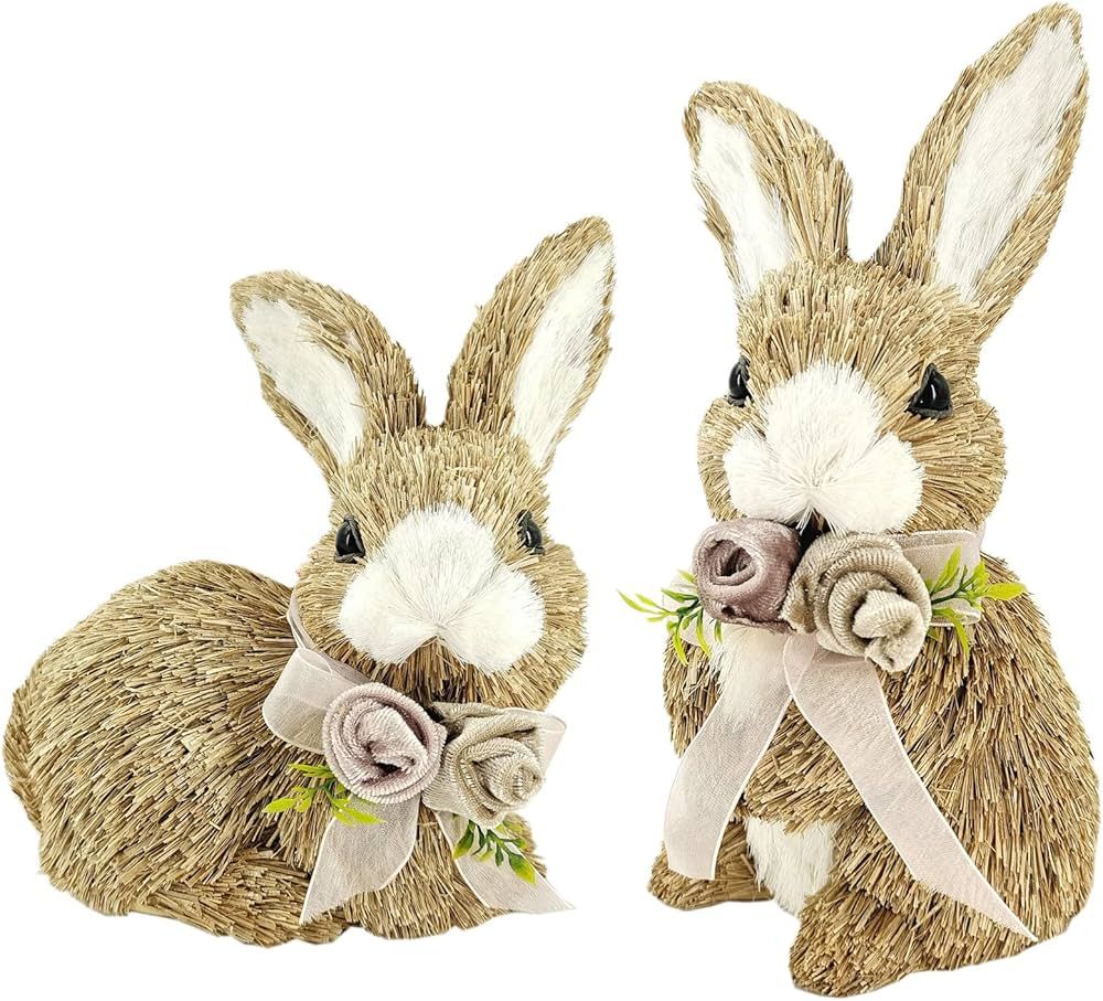 Nature Vibe Set of 2 Sisal Easter Bunny Decor 10 Inches w Spring Decor Bows,Realistic Natural Str... | Amazon (US)