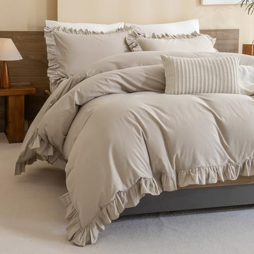 QSH 100% Cotton Queen Duvet Cover Set, Ruffle Duvet Cover Linen Textured Farmhouse Shabby Vintage Chic Bedding Comforter Cover 3 Pieces Aesthetic French Country Queen Bed Set Soft Breathable | Amazon (CA)