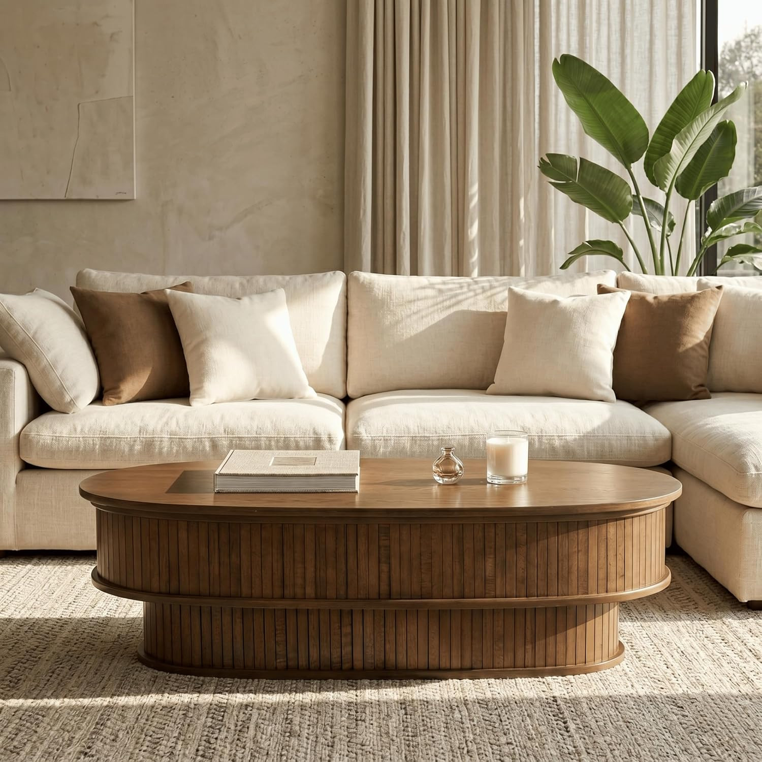Stream DOU Coffee Table, Modern Oval Wood Table with Removable Top Hidden Storage, Double-Layer Design with Vertical Groove Detail, Contemporary Center Table for Living Room, Dark Walnut | Amazon (US)