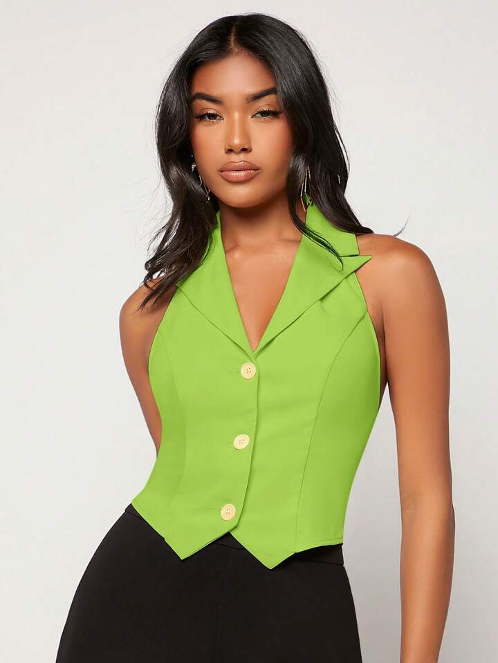 SHEIN BIZwear Solid Button Front Halter Neck Backless Crop Vest Blazer Workwear | SHEIN
