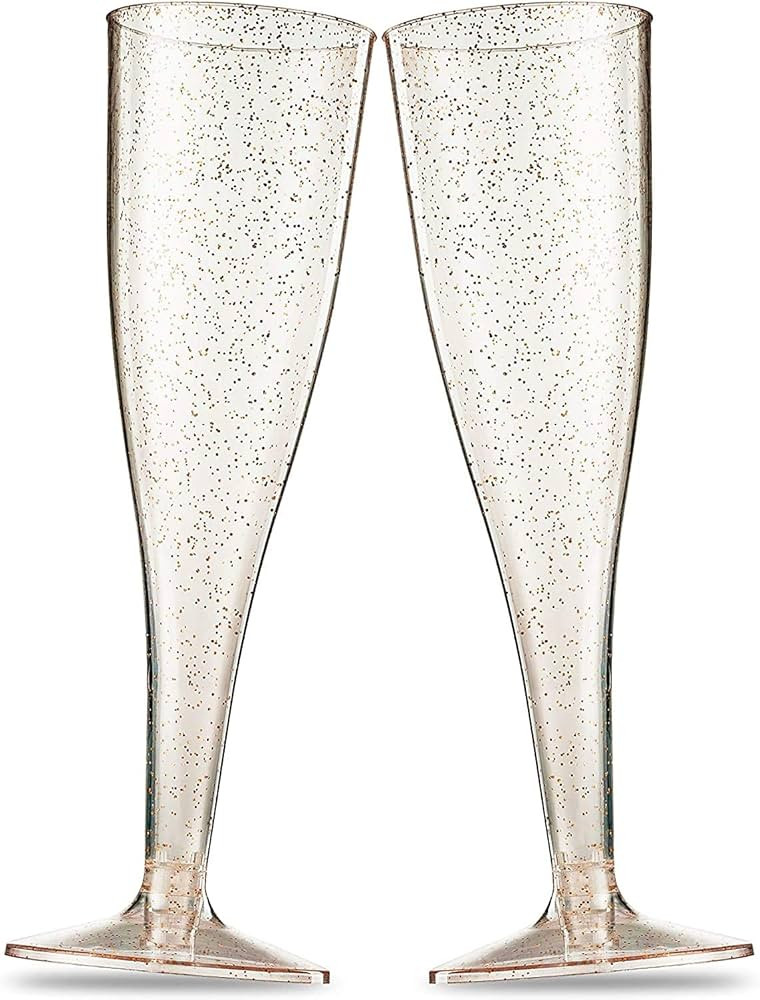 100 Plastic Champagne Flutes - Disposable Champagne Flute - Gold Glitter Plastic Champagne Glasse... | Amazon (US)