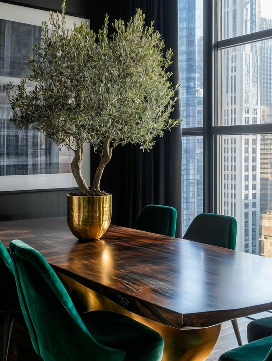 This modern mid-century dining table setup is a perfect example of how simplicity can feel luxurious, elegant, and truly timeless. A gorgeous wooden dining table anchors the space with warmth and natural texture, while velvet dining chairs add richness, comfort, and a subtle sense of glamour. Velvet chairs instantly elevate any dining room, making the space feel curated, intentional, and design-forward.

The true statement moment comes from placing a large olive tree centerpiece directly on the dining table. Styled in a gold planter, the olive tree adds height, softness, and organic beauty while balancing the richness of the wood and velvet. This combination of wood, velvet, greenery, and gold creates a dining space that feels refined yet welcoming—perfect for everyday meals and elevated entertaining alike.

During the day, this dining table setup looks stunning even without artificial lighting. Natural light highlights the wood grain, the deep tones of the velvet chairs, and the sculptural shape of the olive tree, making the space feel calm, fresh, and sophisticated. At night, dim, atmospheric lighting transforms the room into a warm, glamorous dining experience, ideal for intimate dinners, hosting guests, or enjoying slow evenings at home.

This modern mid-century dining room is proof that you don’t need excessive decor to make a statement. A wooden dining table, velvet dining chairs, a gold planter, and a statement olive tree are all you need to create a dining space that is simple, elegant, timeless, and ultra-glamorous—a look that works beautifully in condos, high-rise apartments, and homes of any size.

#diningroomdecor
#midcenturymodern
#luxuryhomestyle 

 #LTKHome