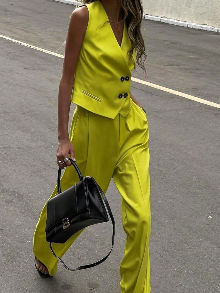 Women's Retro Elegant Casual Suit Vest And Pants Set, Suitable For Daily Wear And Work, Yellow Ou... | SHEIN