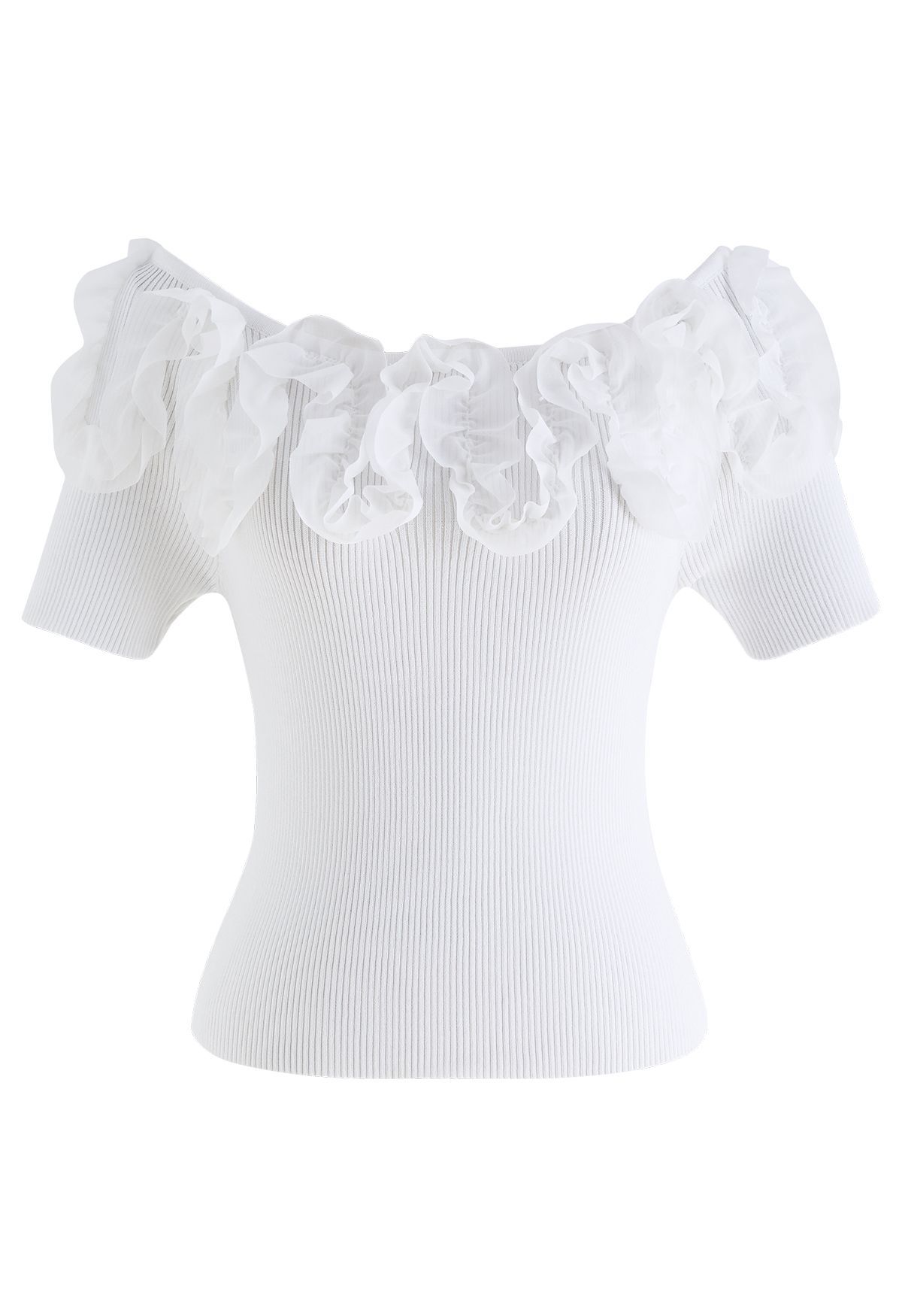 Ruffle Mesh Boat Neck Knit Top in White | Chicwish