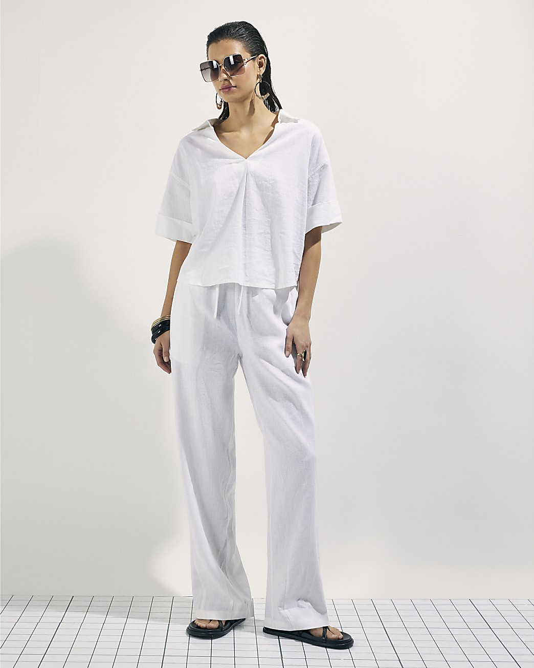 White Linen Blend Drawstring Tapered Trousers | River Island UK & IE