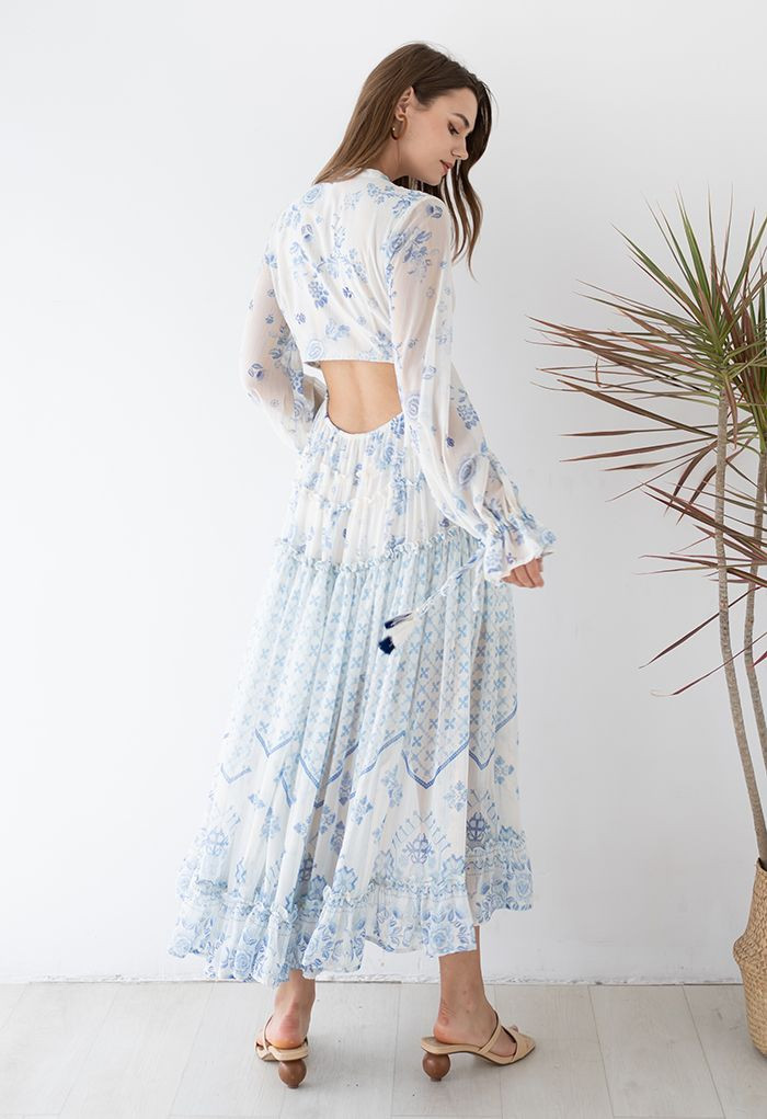 Santorini Floral Deep-V Hi-Lo Hem Maxi Dress | Chicwish