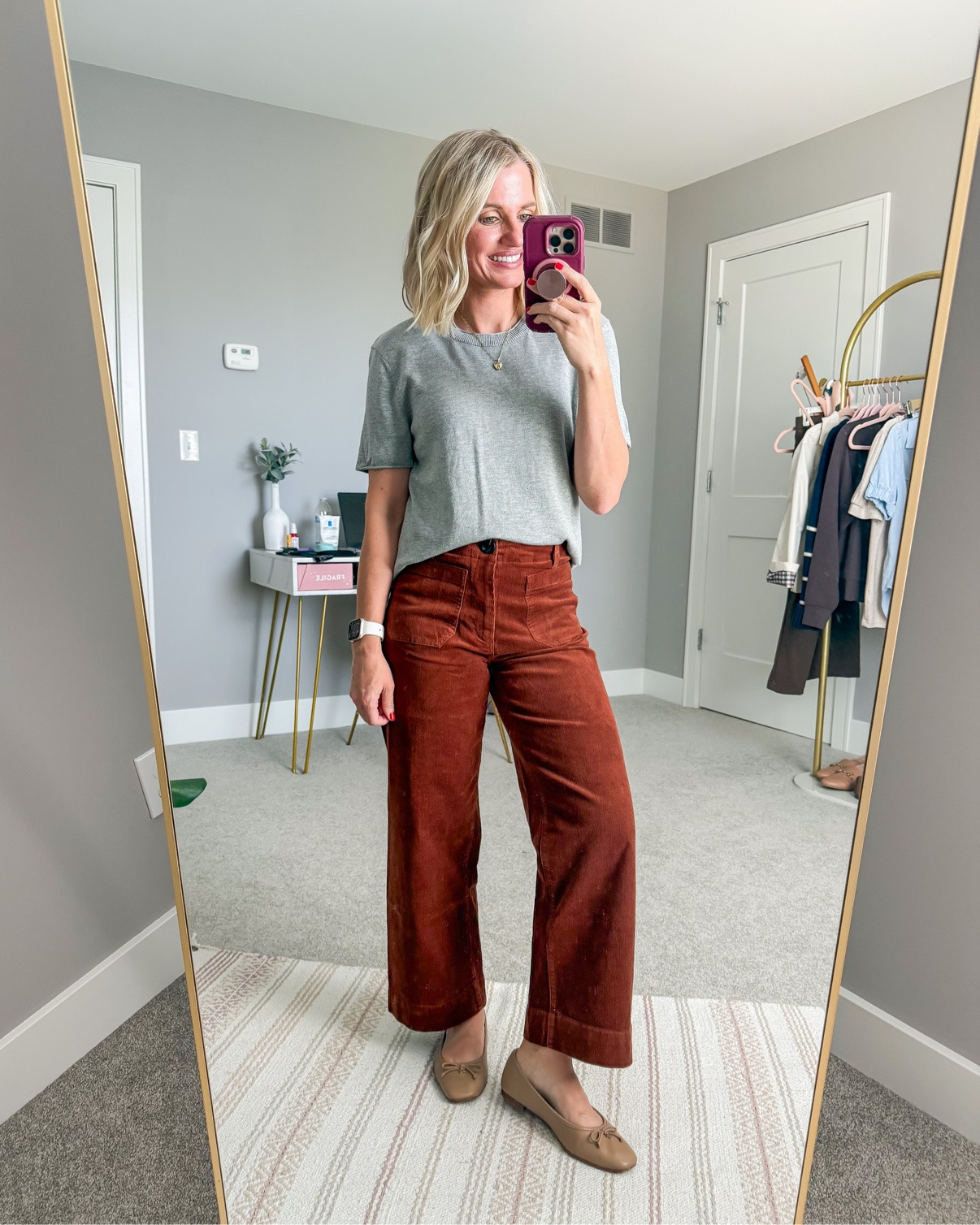 Fall outfit inspo 🍂 Loving this gray short-sleeve knit tee paired with rust corduroy wide-leg pants for those crisp fall days. So comfy but still put-together! I'm wearing XS in the top and 0/short in the pants.

#LTKootd #LTKSeasonal #LTKPetite