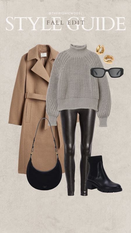 Gray taupe sweater with faux leather leggings. Paired with a long tie belt coat, black booties and a shoulder bag  

Fall style, fall outfit, thanksgiving outfit, neutral outfit, beige coat, camel coat

#LTKunder100 #LTKstyletip #LTKSeasonal