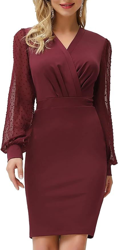 GRACE KARIN Women's Pencil Work Dresses Long Sleeve Wrap V Neck Bodycon Business Dress Elegant Co... | Amazon (US)