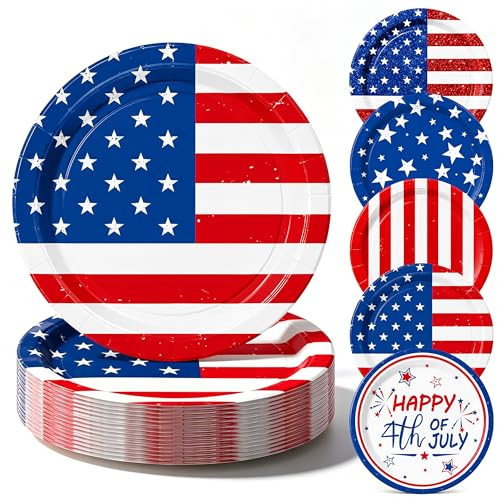 JCTHKUKU 50 Pcs 4th of July Paper Plates 7 Inch, Patriotic Disposable Dessert Plates with American Flag Stars and Stripes Design, Red White Blue Party Supplies for Independence Day BBQ Picnic | Amazon (US)