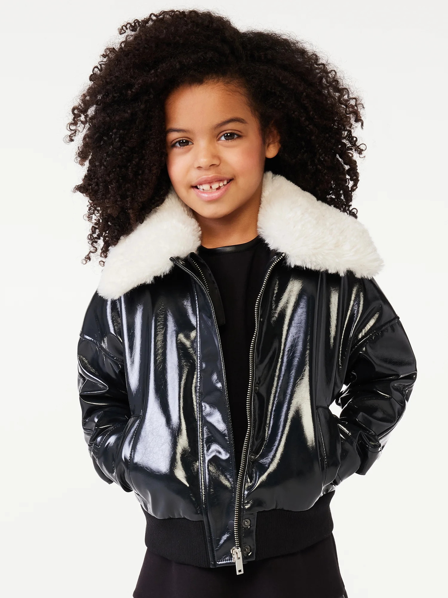 Scoop Girls Faux Leather Bomber Jacket with Faux Fur Collar, Sizes 4-16 | Walmart (US)
