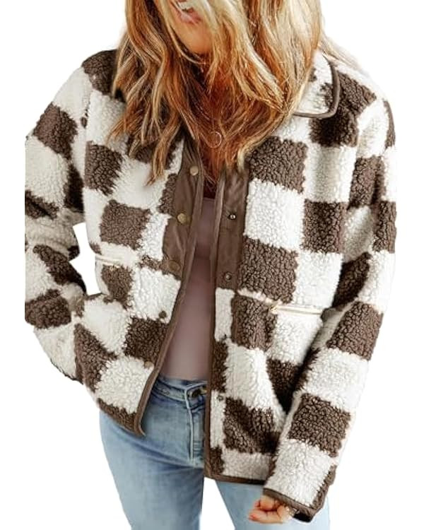 SHEWIN Jackets For Women Causal Sherpa Fall Jacket Loose Button Down Plaid Winter Coats | Amazon (US)