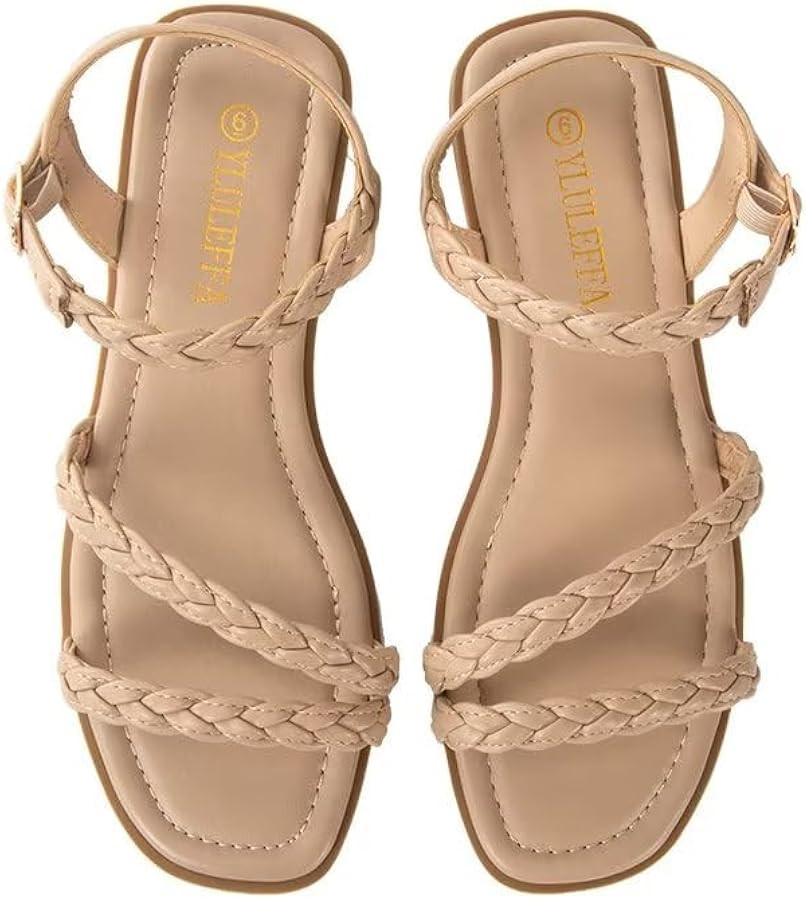 Women's Braided Flat Sandals - Comfortable Cute Square Open Toe Slingback Summer Shoes with Adjus... | Amazon (US)
