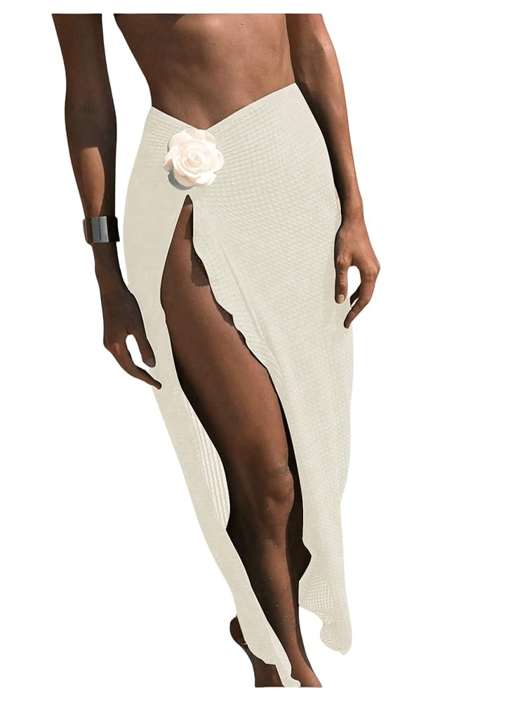QJQ Women's Bathing Suit Cover Up Skirt 3D Floral Crochet Coverups High Slit Swimsuit Coverup Bea... | Amazon (US)