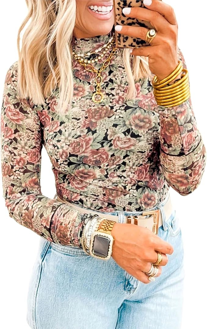 SELINK Long Sleeve Mesh Tops for Women Floral Print Sheer Blouses Mock Neck See Through Shirts | Amazon (US)