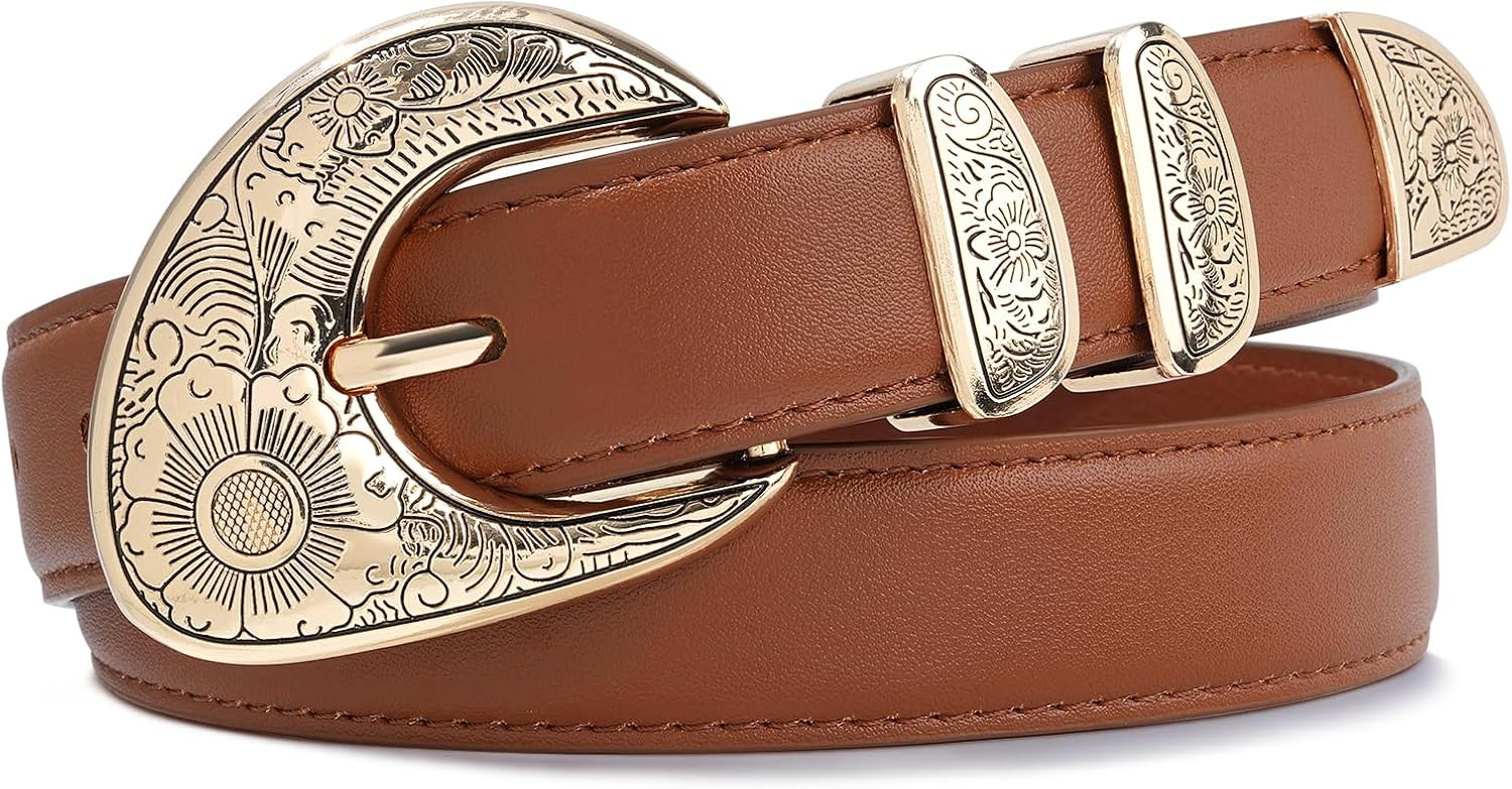 AWAYTR Womens Western Belt for Jeans and Dresses with Engraved Gold Buckle | Amazon (US)
