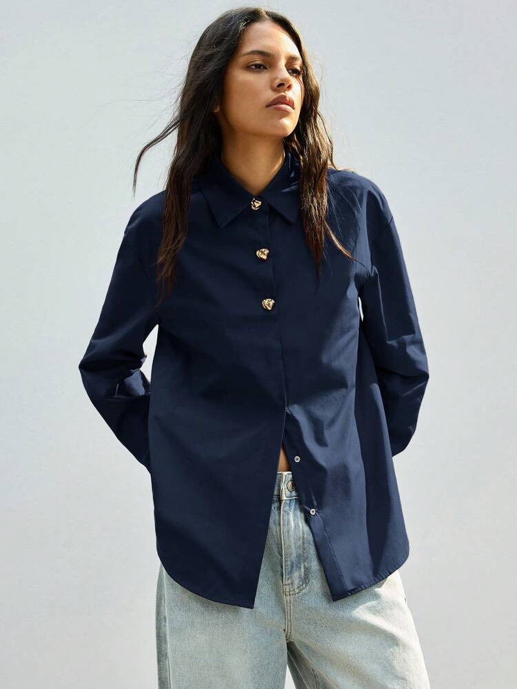 Maija Blusa Suelta Con Cuello Vuelto, Manga Larga Y Decoración Metálica De Botones, Para Uso Urbano, Casual De Negocios, Elegante, Adecuada Para El Día De San Valentín, Verano, Invitada De Boda, Resort, Maestros, Oficina, Día De San Patricio, Pascua De Mujeres | SHEIN