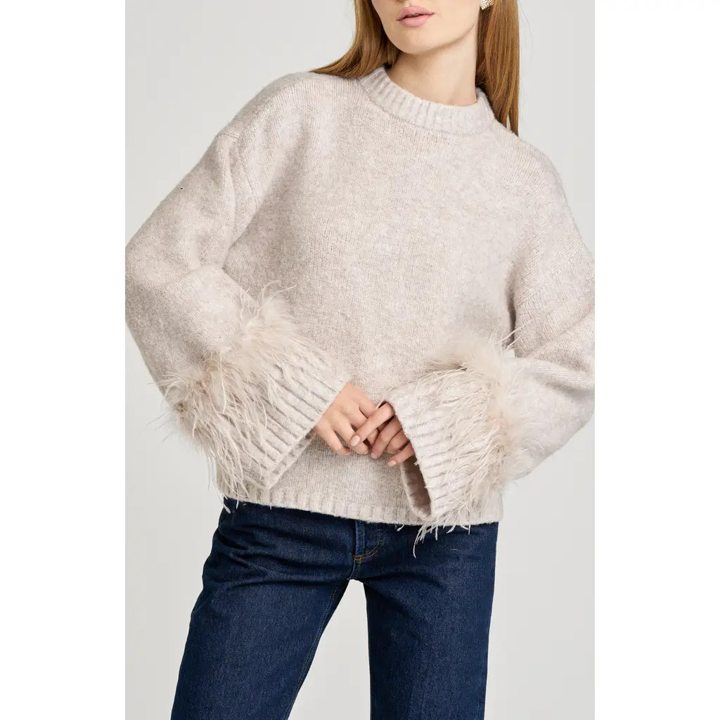 WAYF Pia Feather Trim Mock Neck Sweater in Dove at Nordstrom, Size X-Small | Nordstrom
