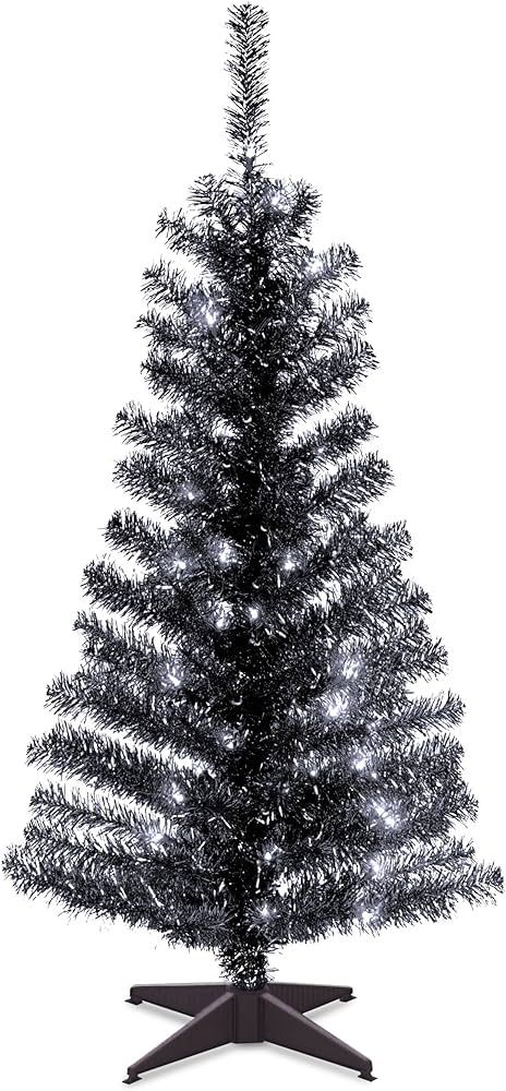 National Tree Company Pre-Lit Artificial Christmas Tree, Black Tinsel, White Lights, Includes Sta... | Amazon (US)