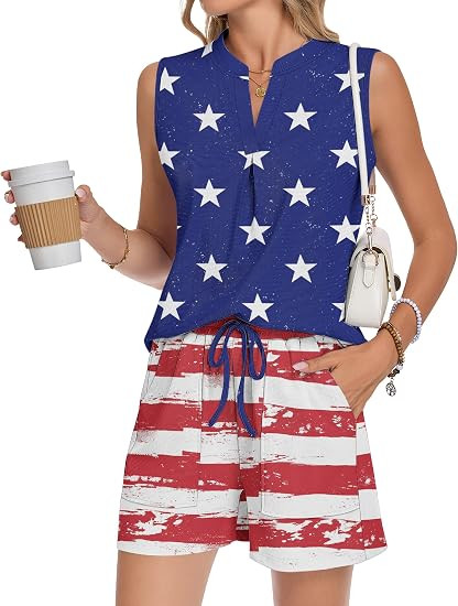AUSELILY Women's Two Piece Sets Waffle Knit Summer V Neck Sleeveless Pleated Shorts Set Matching ... | Amazon (US)