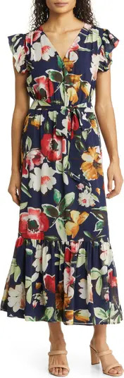 Picasso Floral Flutter Sleeve Faux Wrap Midi Dress | Nordstrom