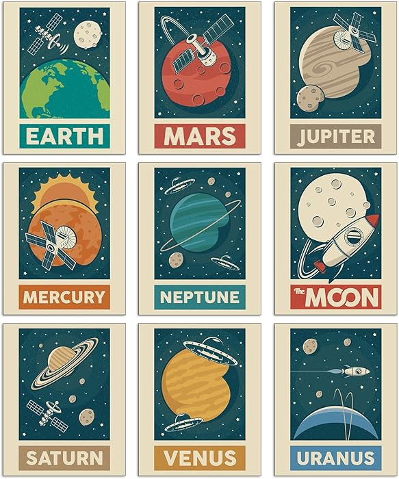 Retro Solar System Planet Wall Art Prints Set of 9, Outer Space Decor For Boys Room, Vintage Spac... | Amazon (US)