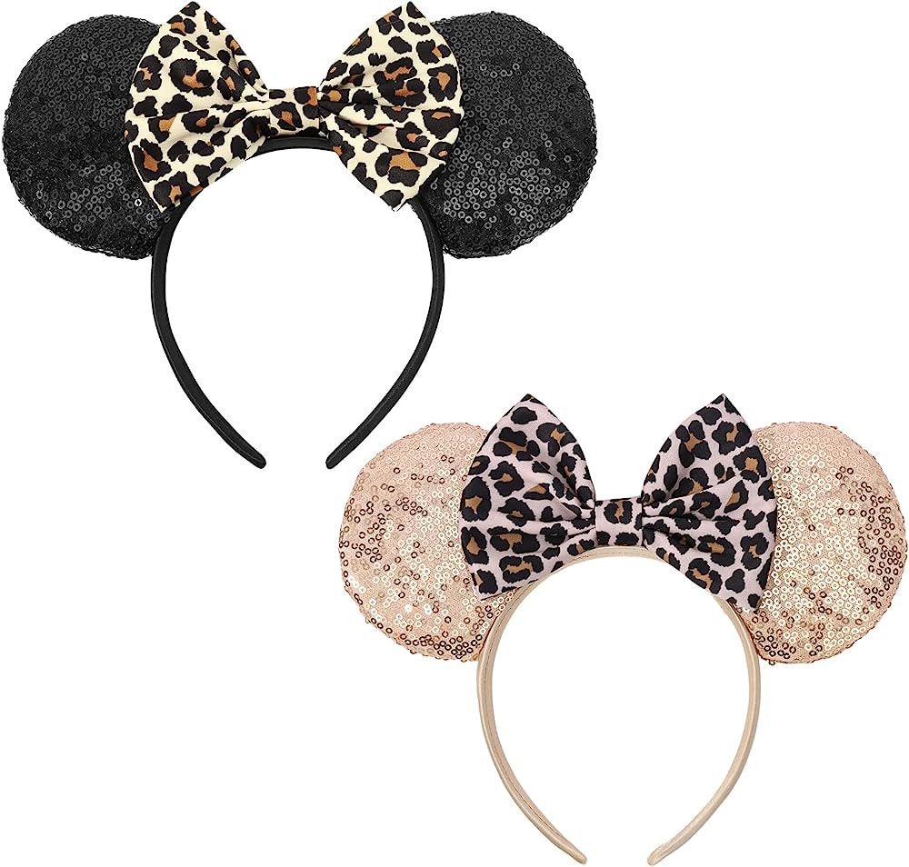 Leopard Mouse Ears Headbands, 2 PCS Leopard Cheetah Mouse Ears Glitter Leopard Print Headbands f... | Amazon (US)