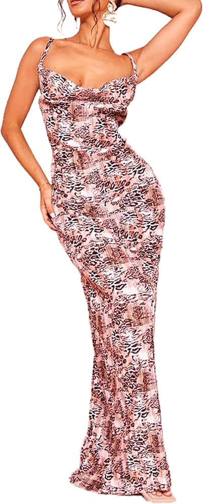 Cowl Neck Printed Plisse Maxi Dress Sleeveless Tank Dress Summer Beach Dresses | Amazon (US)