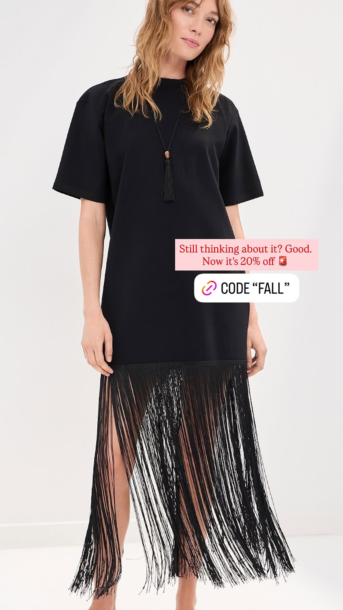 Still thinking about it? Good. Now it's 20% off with code FALL. A t-shirt dress on top, fringe on the bottom, and movement every time you walk. Wear it with a boot and it's dinner, add a sandal and it's a party. This is the black dress that actually gets noticed.  

 #LTKootd