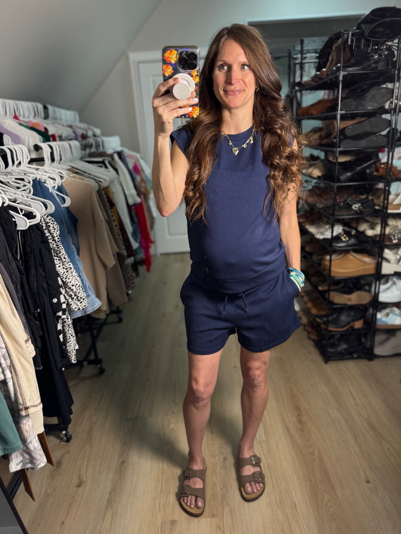 Another day, another matching set! The top has the extra fabric to cover your bra & shorts have an elastic waist. Wearing a small & went up 1/2 size in my Birkenstock look for less sandals.

#LTKmomlife #LTKBump #LTKootd