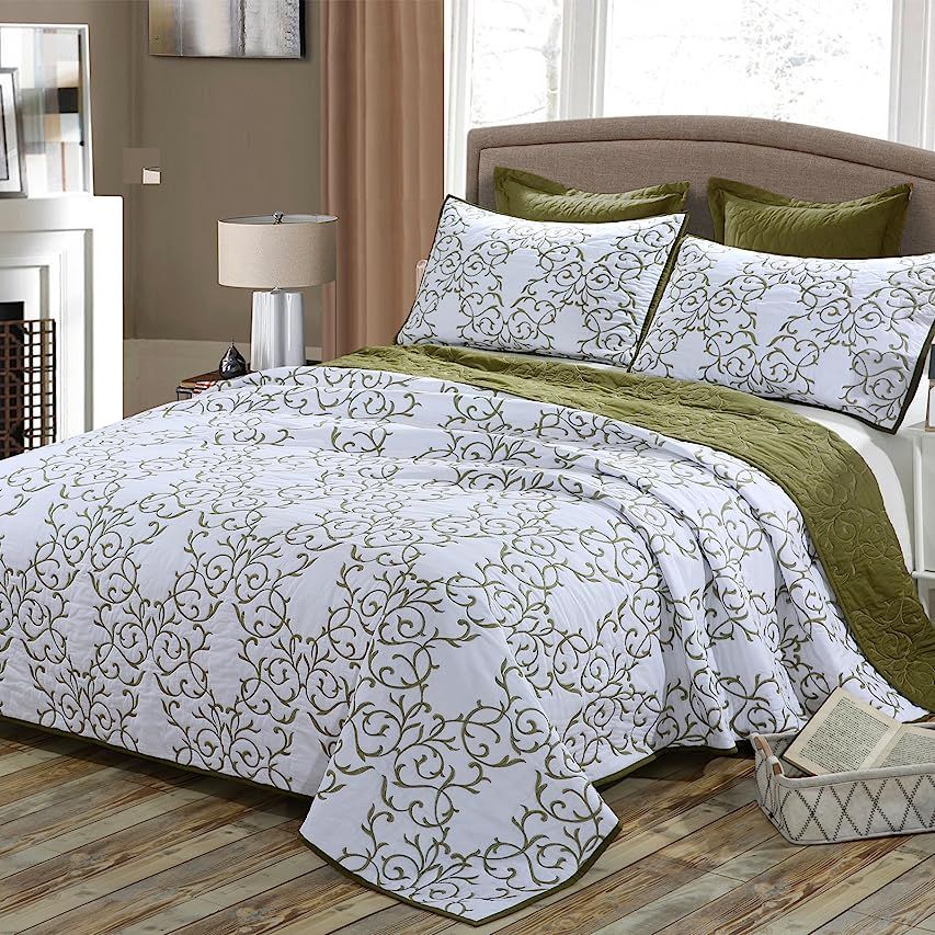 Reversible 100% Cotton 3-Piece Green Embroidery Pattern Elegant Quilt Set with Embroidered Decora... | Amazon (US)
