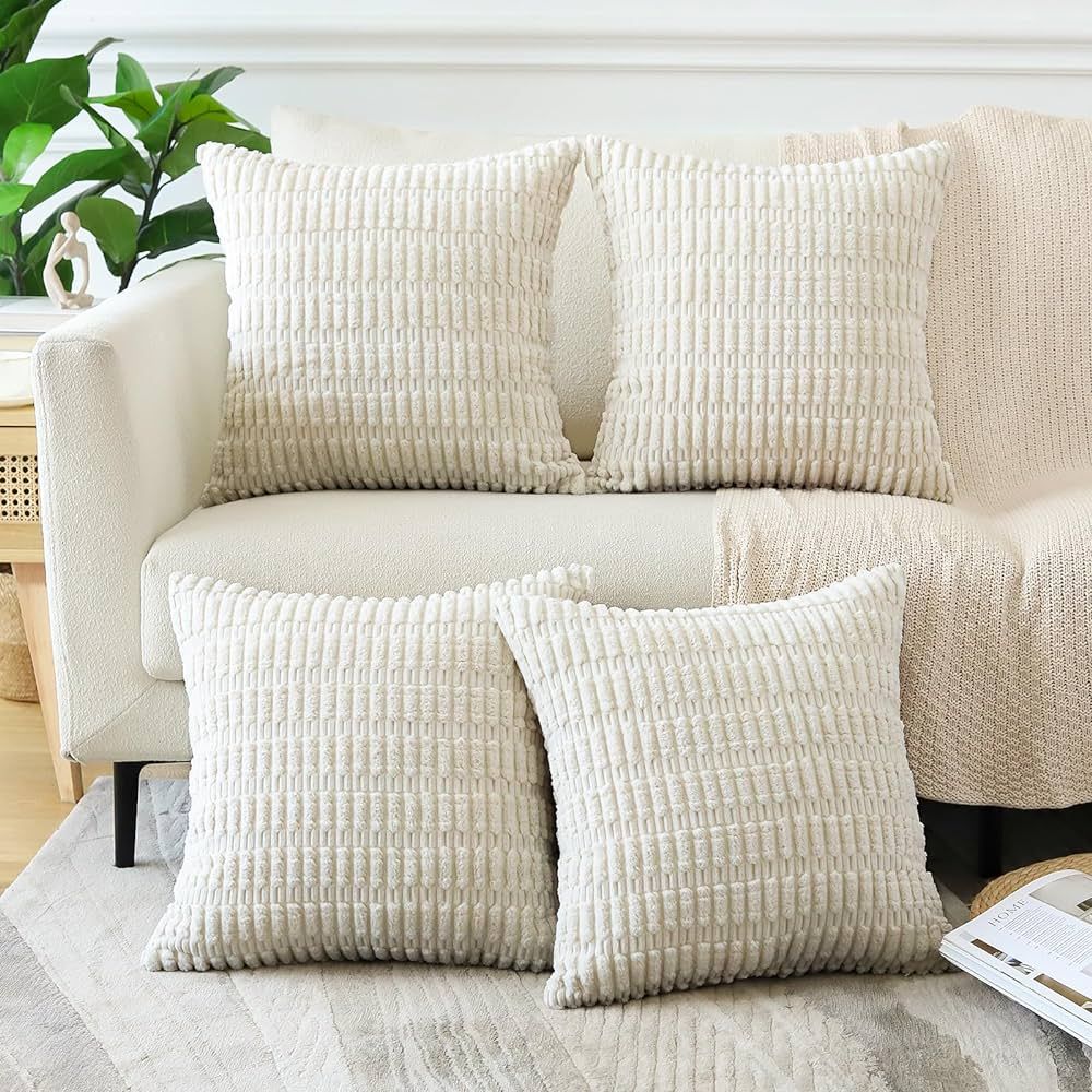 OTOSTAR Set of 4 Soft Corduroy Decorative Throw Pillow Covers 18x18 Square Striped Pillowcases Bo... | Amazon (US)