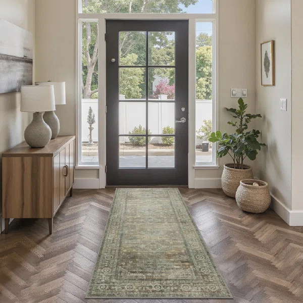 Oriental Machine Washable Green/Sage Area Rug with Non-Slip Backing | Wayfair North America