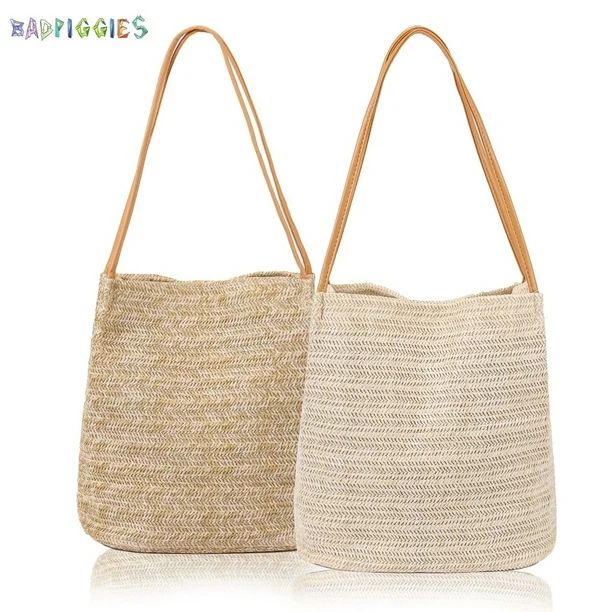 BadPiggies Women Straw Beach Bag Tote Shoulder Bag Summer Lightweight Buckets Handbag (Light Beig... | Walmart (US)