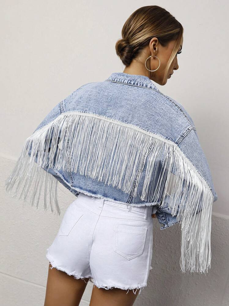SHEIN Frenchy Fringe Raw Hem Button Front Crop Denim Jacket | SHEIN